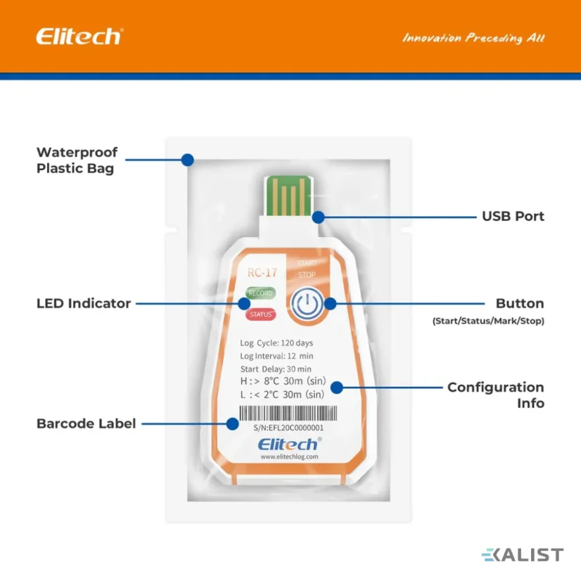 Jednorázový datalogger teploty Elitech RC-17