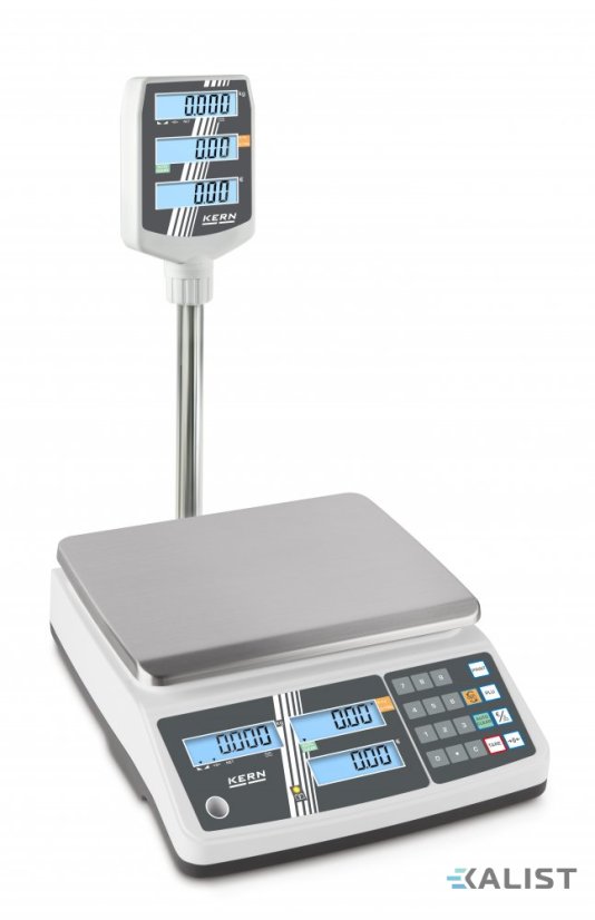 Obchodná počítacia váha Kern RPB-DHM, dvojrozsahová, overiteľná - Vážení v dvoch rozsahoch: 3 kg / 6 kg, Rozlíšenie - hmotnosť (dielik): 1 g / 2 g, overiteľný dielik: 1 g / 2 g, Rozmery vážiacej plochy: 204 x 263 mm, Trieda presnosti: Ⅲ.