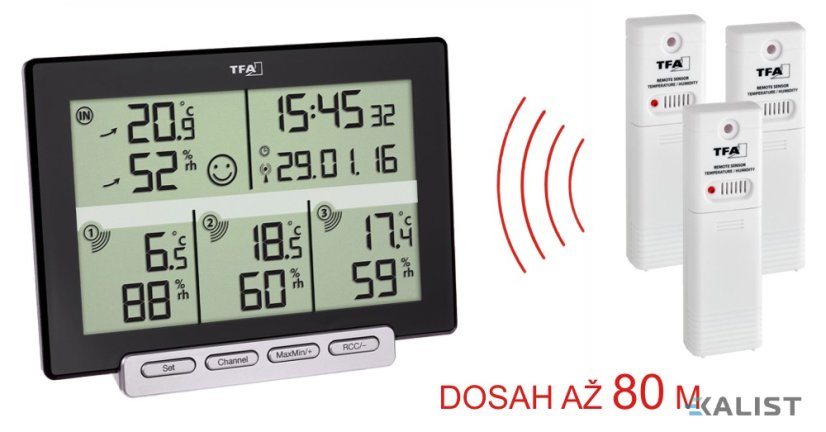 Teploměr a vlhkoměr TFA 30.3057.01 MULTI-SENSE s třemi bezdrátovými čidly