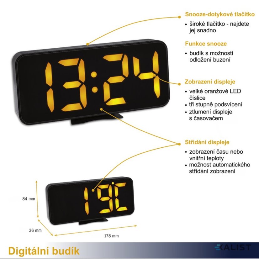 Digitálny budík TFA 60.2027.01 s teplomerom a veľkými číslicami LED