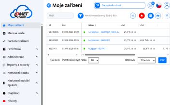 Seznam zařízení v Comet cloud