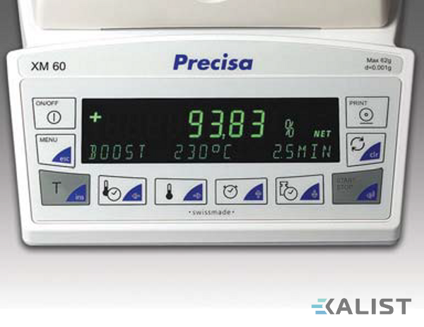 Analyzátor vlhkosti PRECISA XM - Maximální váživost: 124 g, Rozlišení - hmotnost (dílek): 0.0001 g, Rozsah teploty (max): 230 °C, Rozsah teploty (min): 30	°C