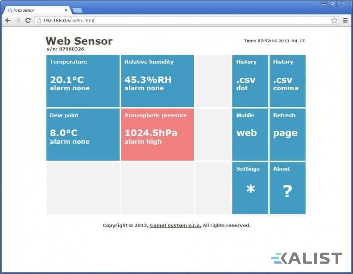 Web Sensor Comet T7511 teploty, vlhkosti a tlaku s výstupem na Ethernet