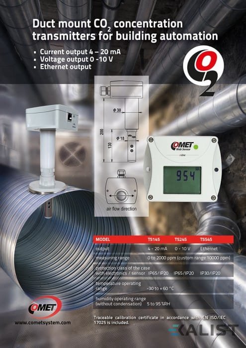 Web Sensor Comet T5545 CO2 do vzduchotechnického kanálu s výstupem na Ethernet