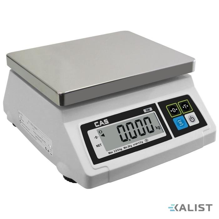 Kuchynská váha na porcie CAS SW 1S s úradným certifikátom - Vážení v dvoch rozsahoch: 2,5 kg / 5 kg