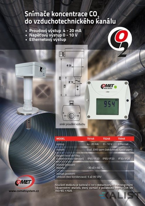 Web Sensor Comet T5545 CO2 do vzduchotechnického kanálu s výstupem na Ethernet