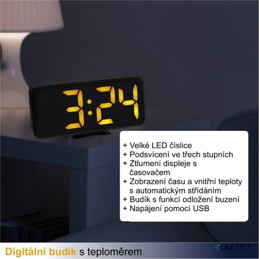 Digitálny budík TFA 60.2027.01 s teplomerom a veľkými číslicami LED