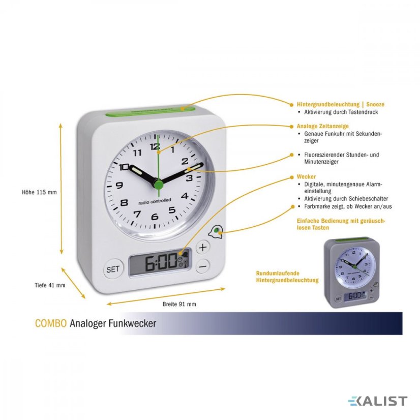Analogový budík s rádiově řízeným časem TFA 60.1511.02.04 COMBO