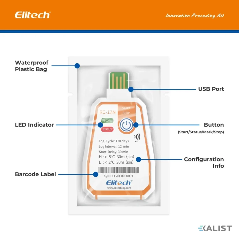 Jednorazový datalogger teploty Elitech RC-17-N s NFC