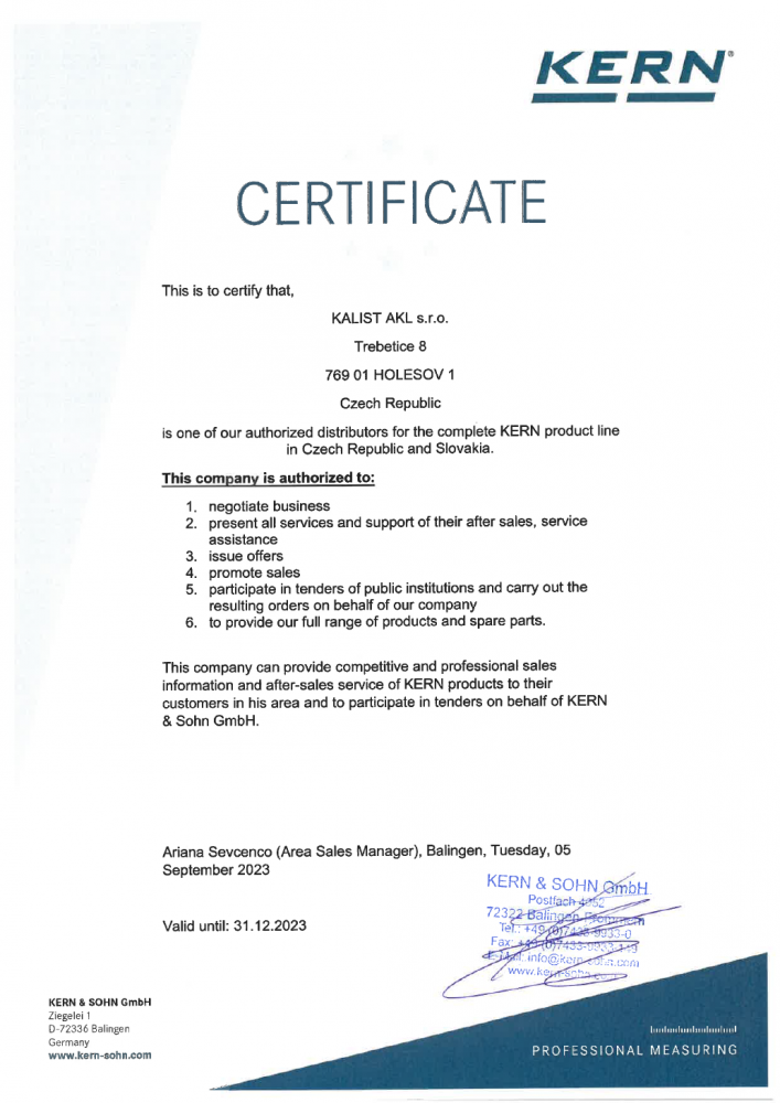 KERN & Sohn GmbH - certifikát o autorizaci