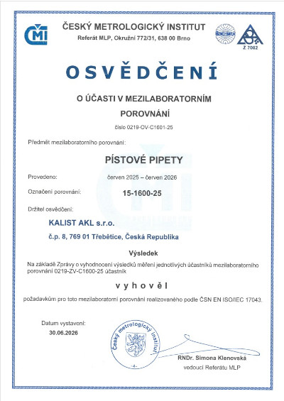 Osvědčení -mezilaboratorní porovnání - pipety